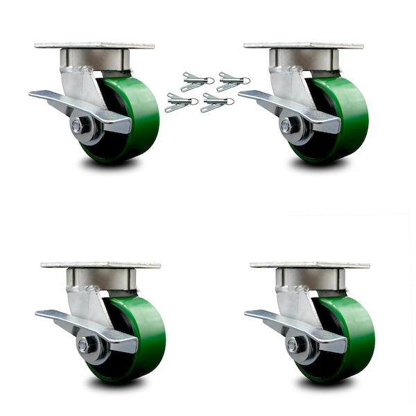 Service Caster 4 Inch Kingpinless Green Poly on Steel Wheel Caster Set Brake and Swivel Lock SCC-KP30S420-PUR-GB-SLB-BSL-4 - main